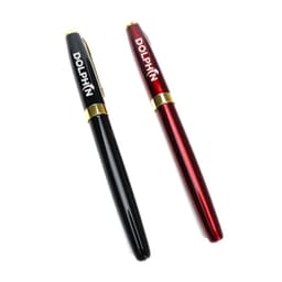 A custom fountain pen set featuring a black pen and a red pen with gold accents and a logo.