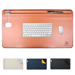 A large orange PVC leather desk mat featuring a magnetic cable holder, keyboard, mouse, and pen, with additional colour options below.