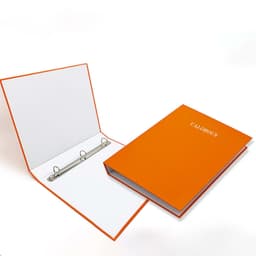An orange three-ring binder with a white interior and a logo on the cover, partially opened.
