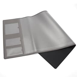 A multifunctional desk pad in grey with transparent pockets, featuring a black underside.