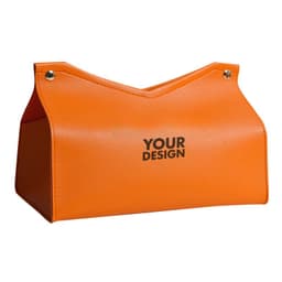 An orange PVC leather tissue box with a sleek design and a logo on the front.