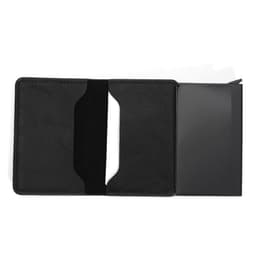 A black RFID business card holder with two slots for cards and a smooth interior. Features a logo on the exterior.
