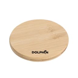 A round, 4-inch wooden coaster in a natural bamboo finish, featuring a logo.