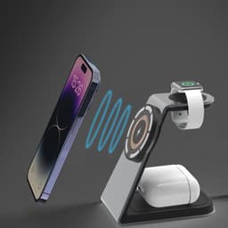 A magnetic wireless charger stand in white, designed for charging a phone, earbuds, and a smartwatch simultaneously.