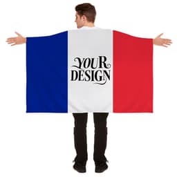 A large flag featuring blue, white, and red sections, displayed by a person with arms outstretched. It includes space for custom design.