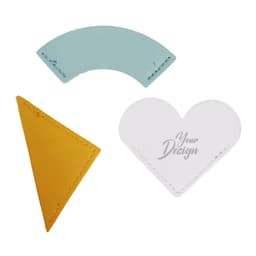 A set of three PU leather bookmarks in blue, yellow, and white shapes, featuring a logo on the white bookmark.