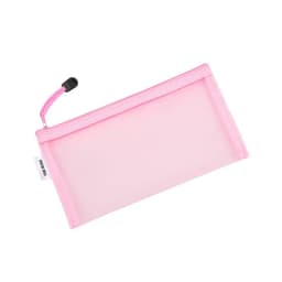 A pink clear mesh zipper file pouch with a contrasting zipper pull, featuring a logo.