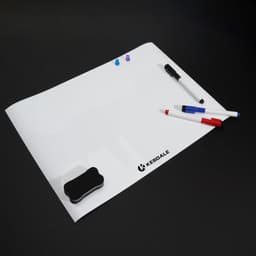 A3 magnetic whiteboard set featuring a whiteboard, markers in red and blue, a black eraser, and small push pins.