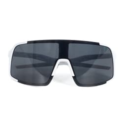 A pair of polarized UV protection sunglasses with a black lens and white frame. Features a logo on the side.