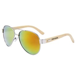Classic bamboo temples sunglasses featuring a silver frame and gradient green-yellow lenses. The product has a logo on the side.