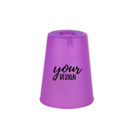 A purple plastic speed stacking cup with a design printed on the surface. It features a round top and flared base.