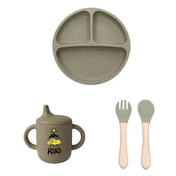 A food-grade silicone baby feeding set featuring a khaki plate with three compartments, a matching sippy cup, and utensils.