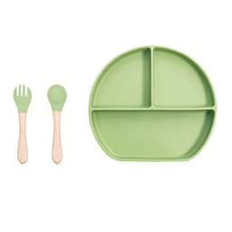 A green silicone baby feeding set featuring a divided plate and wooden-handled spoon and fork.