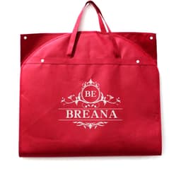 A red garment bag with handles and a decorative logo. Features snap closures for secure storage.