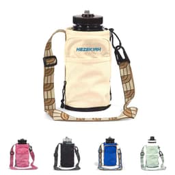 A drink bottle carrier bag in cream, featuring a phone pocket and a patterned strap, available in multiple colours.