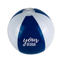 A 12-inch inflatable beach ball in blue and white with a design area. It features a valve for inflation.
