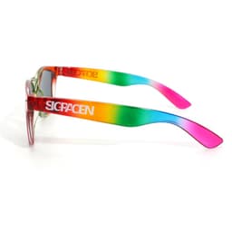Classic rainbow sunglasses with a gradient design featuring green, yellow, and pink arms. The frame has a logo on the side.