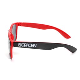 Red sunglasses with black arms, featuring a logo on the side. Suitable for leisure and outdoor activities.