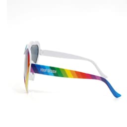 Rainbow heart-shaped sunglasses with multicoloured arms and a white frame, featuring a design area on the side.