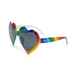 Rainbow heart-shaped sunglasses with grey lenses and a multicoloured frame in vibrant rainbow hues.
