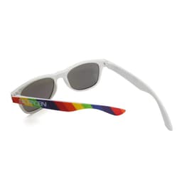 Rainbow adult sunglasses with white frames and grey lenses, featuring a multicoloured striped design on the side.