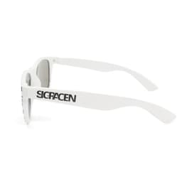 A pair of sunglasses with a black frame and white checkered pattern, featuring a logo on the side.