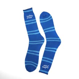 Customised striped socks in shades of blue, featuring a logo.