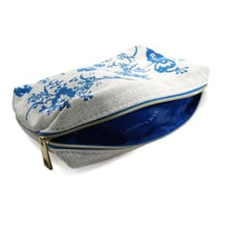 A blue and white custom jacquard embroidery bag with a zip closure and a patterned exterior.