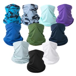 A variety of custom multifunctional neck gaiters in different colours including blue, green, purple, and camouflage patterns.