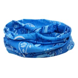 A blue custom multifunctional neck gaiter with a patterned design, featuring a logo.