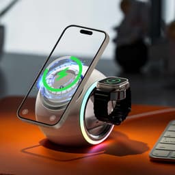 A white 3-in-1 magnetic wireless charger in a circular design, featuring space for a phone and a smartwatch.