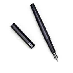 A black metal fountain pen with a removable cap and a silver nib. The pen features a sleek design and has a logo.