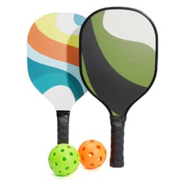 A set of two long handle pickleball paddles in vibrant patterns, accompanied by one green and one orange ball.