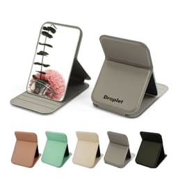 A portable folding mirror in several colours, featuring a sleek design and a small logo on the base.