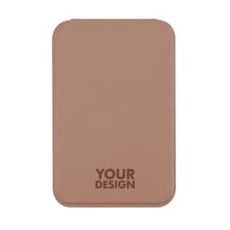 A portable folding mirror in a soft pink hue, featuring a logo on the bottom. Ideal for home use.