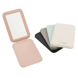 A PU folding makeup mirror in pastel colours, including pink, green, grey, black, and cream, with a logo.
