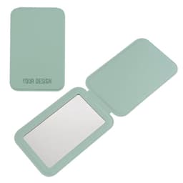 A mint green PU folding makeup mirror with a smooth finish and a reflective surface inside. It has a logo space.