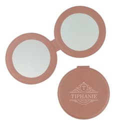 A pink PU mini pocket makeup mirror that features two reflective surfaces and a logo on the exterior.