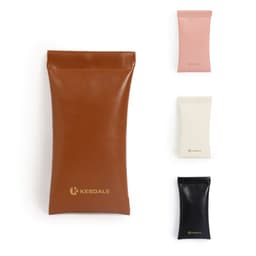 A set of four sunglasses storage bags in brown, pink, white, and black, featuring a logo on each bag.