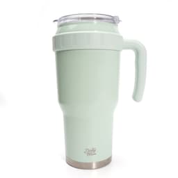 A drink bottle in mint green with a handle and straw, featuring a stainless steel base and a logo.