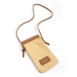 A PU leather braided mobile phone bag in beige and brown with a strap and a logo.
