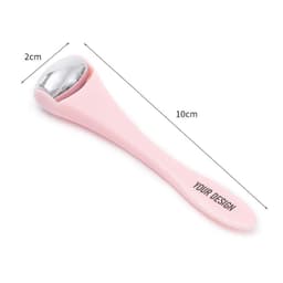 A pink facial massage stick with a silver roller head, measuring 10cm in length and 2cm at its widest point.