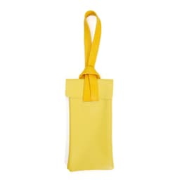 A yellow PVC leather glasses storage bag with a strap, featuring a sleek design. It has a contrasting white side.