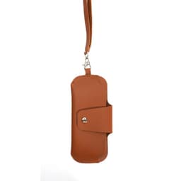 A portable glasses pouch with strap in a brown textured finish, featuring a secure closure and a detachable strap.