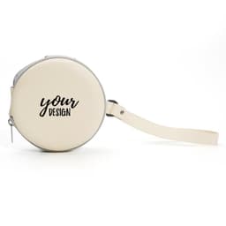 A round, cream folding eyeglasses case with a zipper and a strap, featuring a customisable design area.
