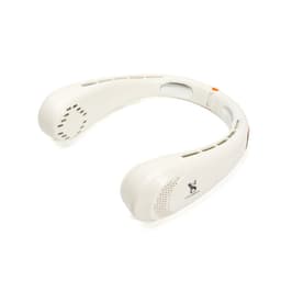 A portable neck fan in white with vents for airflow, featuring a logo and a sleek, ergonomic design.