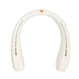 A portable neck fan in white, featuring ventilation holes and a button, with an emblem present.