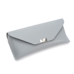A grey glasses case with a sleek design, featuring a textured exterior and a metallic clasp.