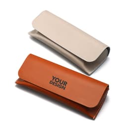 A beige and brown PU flip top glasses case, featuring a logo on the brown case, stacked on top of each other.