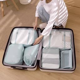 A light blue luggage storage travel kit shown inside an open suitcase, featuring various bags of different sizes.